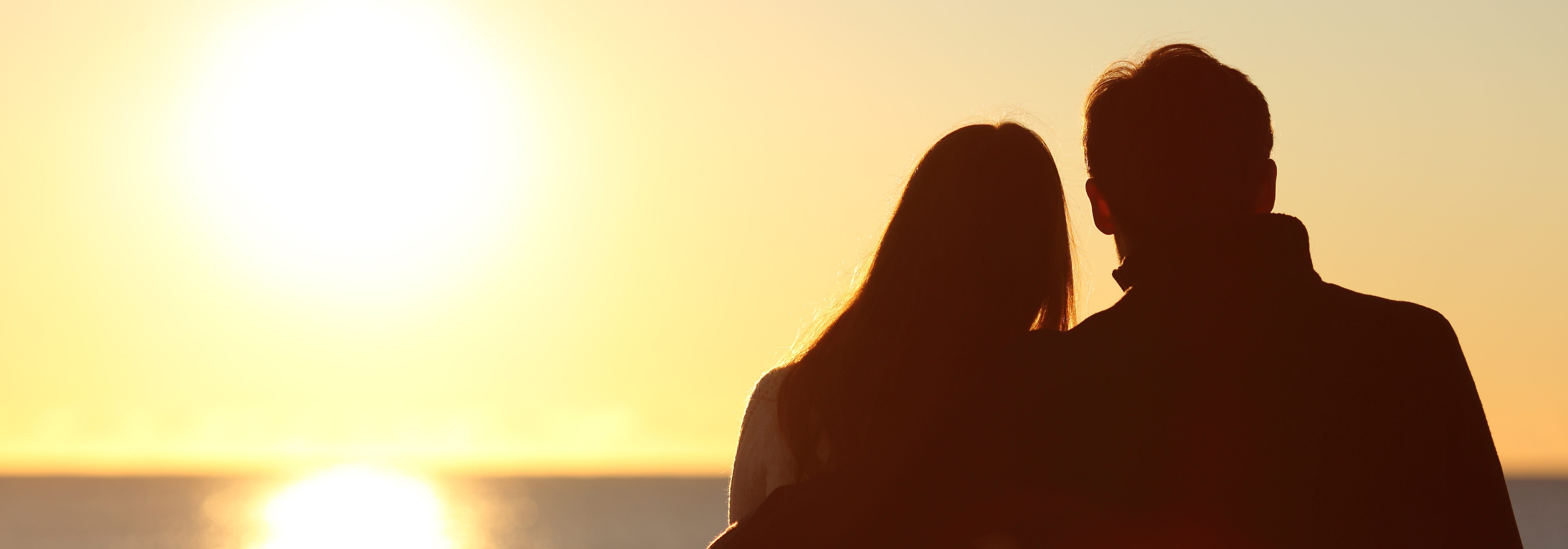 Back view of a couple watching sun on the beach