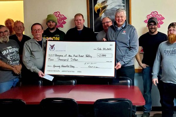 The Detroit Lakes Eagles Aerie 2342 Past Presidents Club recently donated $2,000 to Hospice of the Red River Valley on Giving Hearts Day. The check was presented to Curt Seter, Development Officer.